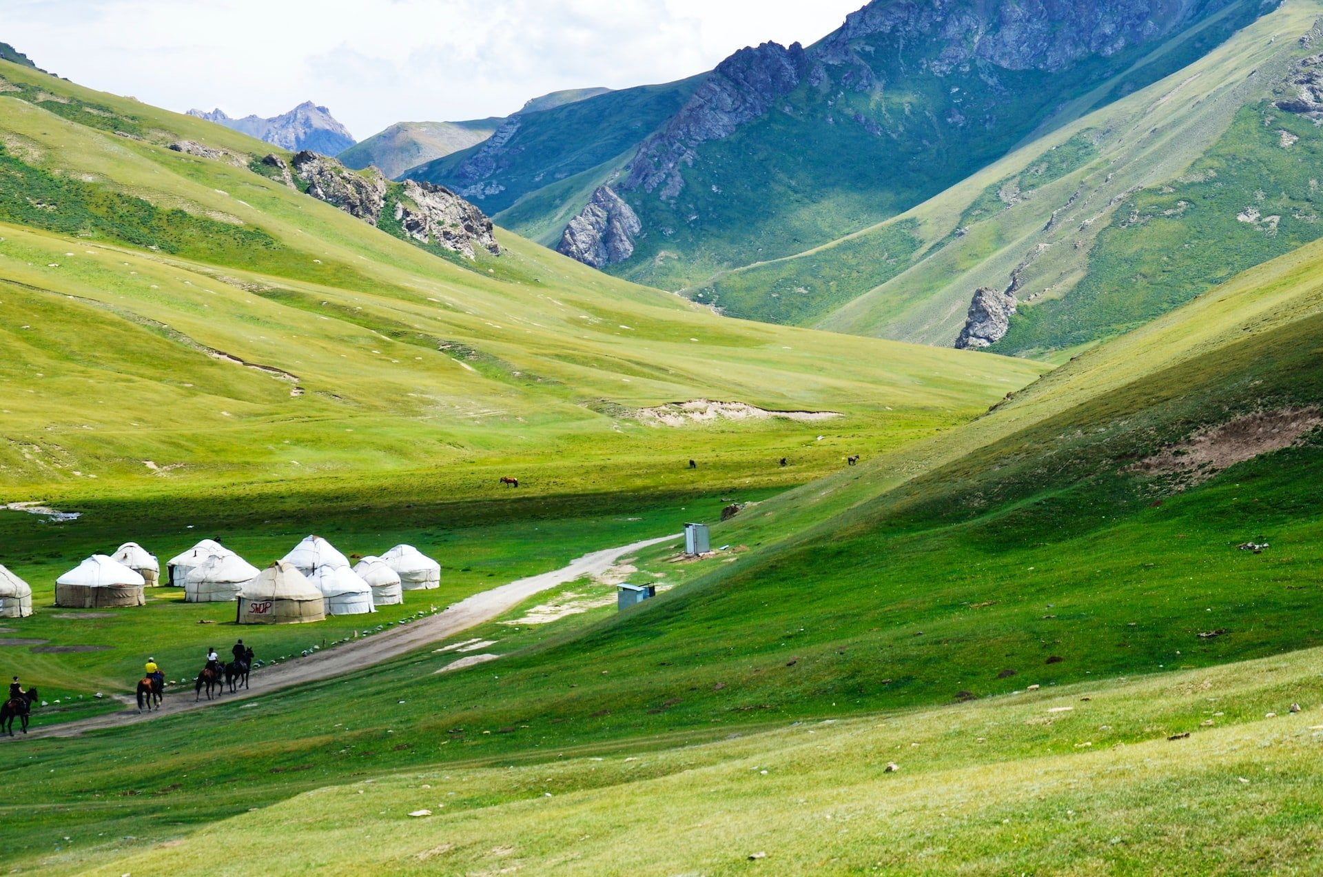 נוף הררי מכוסה ירוק בקירגיזסטן