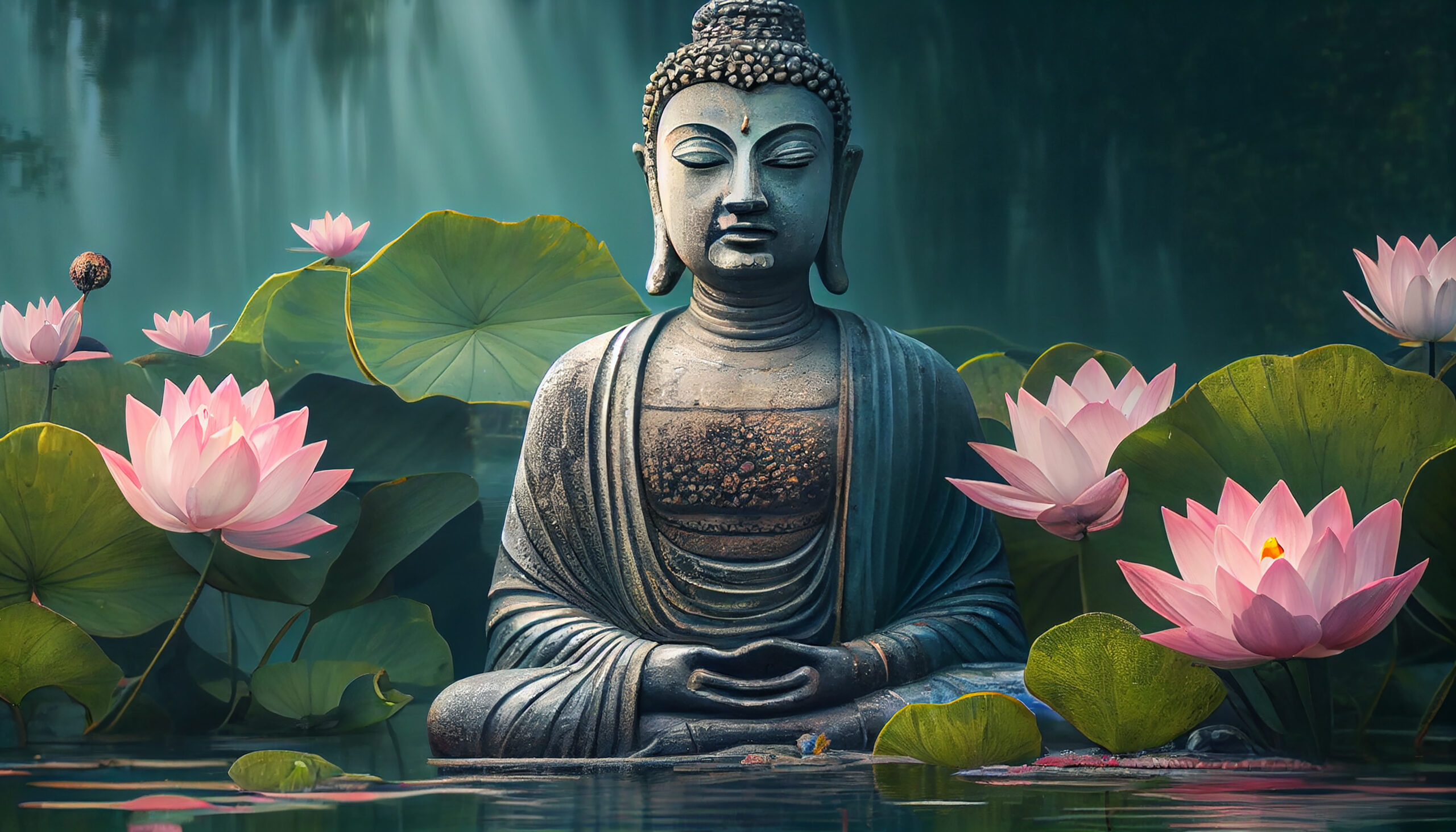 מדיטציה, ממאפייני הבודיהזם. פסל של בודהה יושב בתנוחת לוטוס ומסביבו פרחי לוטוס